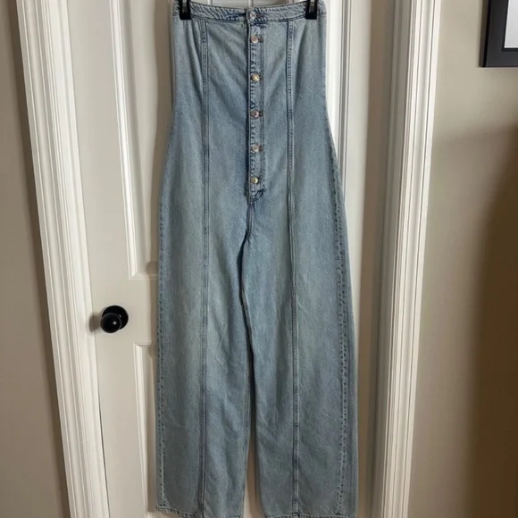 NWT Zara TRF Strapless Off Shoulder Denim Jumpsuit Size XS - Picture 6 of 16